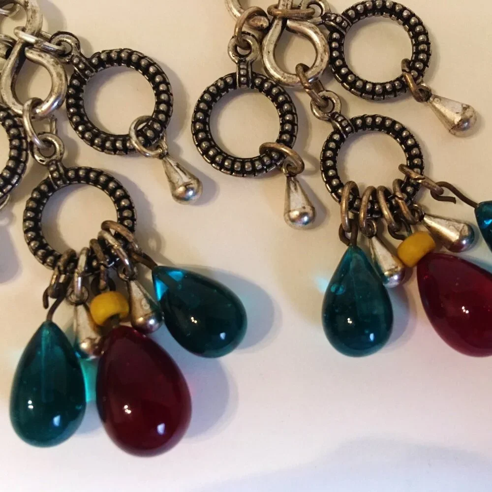 Teardrop Earrings Teal Red Beaded Drops Textured Silver Tone Metal Rings Dangle